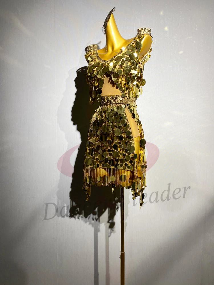 Sukienka do tańca latynoamerykańskiego dla dorosłych i dzieci, zdobiona kamieniami AB, ekskluzywna, szyta na miarę, złota spódnica z cekinami i frędzlami, precyzyjnie wykonana odzież damska do tanga.