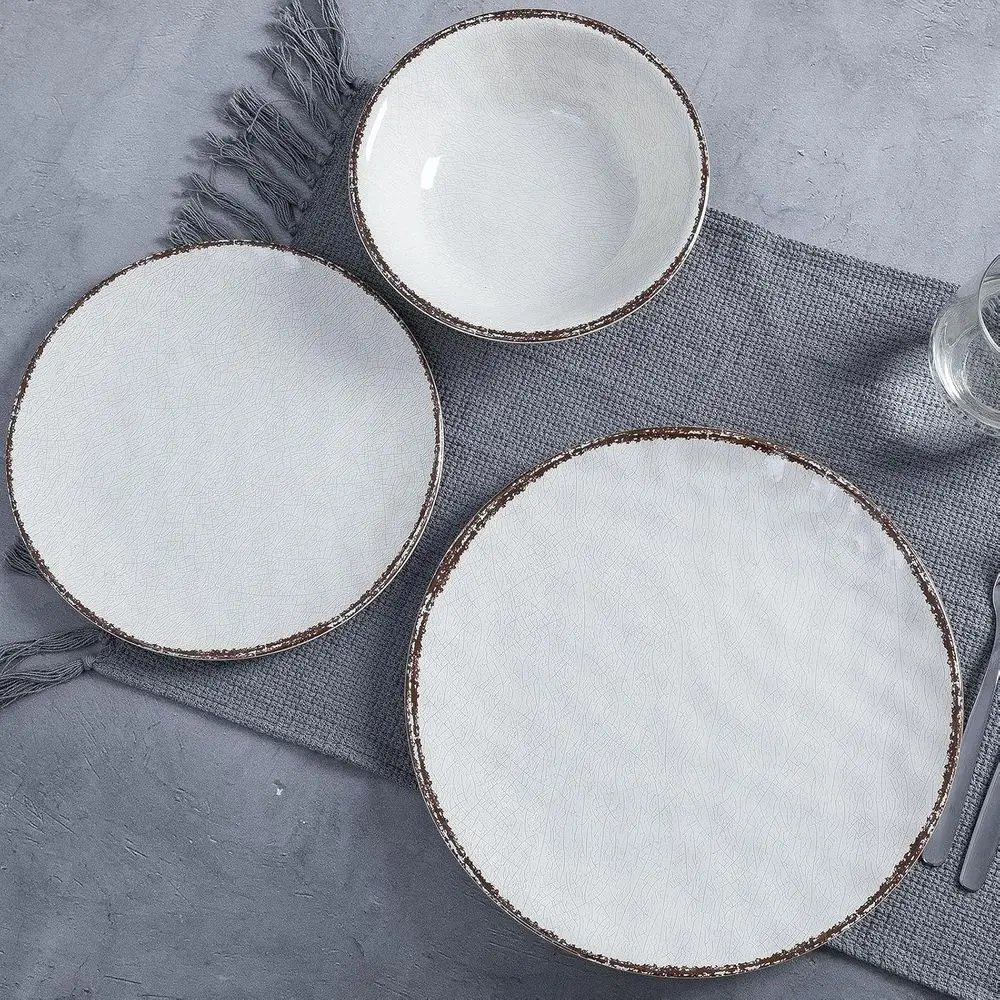 Rustic White Melamine Dinnerware Set for 4, Suitable for RV and Camping, Dishwasher Safe