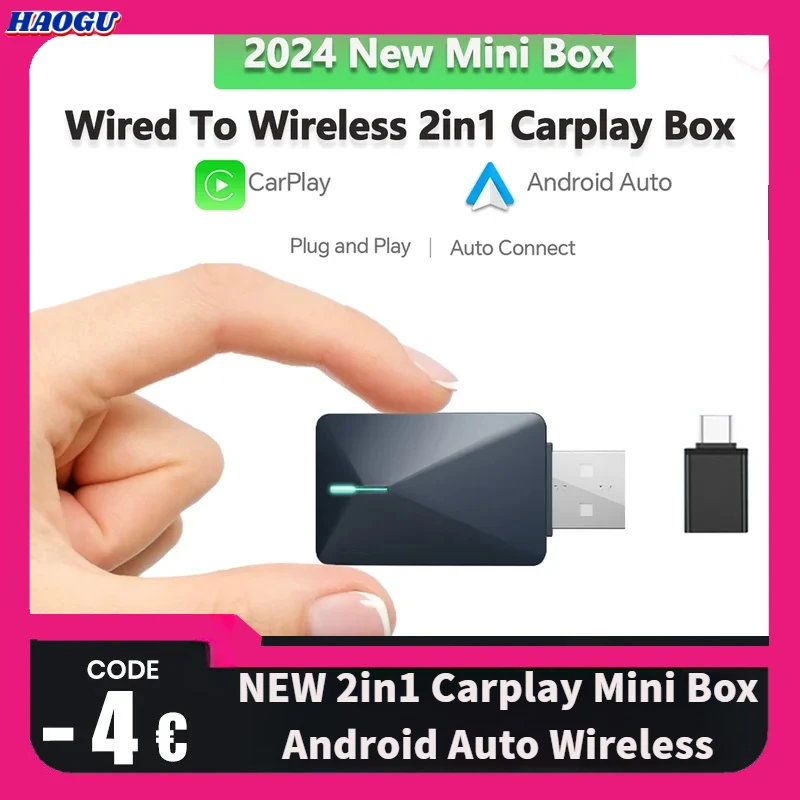 HAOGU NEW 2in1 Carplay Mini Box Android Auto Wireless Adapter Smart Plug And Play Dongle Bluetooth WiFi Connect