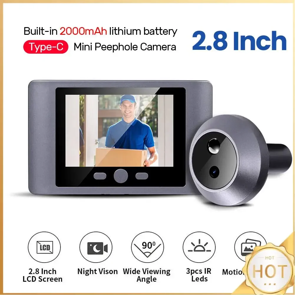 

Мини-глазок, умная беспроводная камера для просмотра дверей, PIR, видеодомофон с обнаружением движения, ИК-ночное видение, 2,8 дюйма, 2000 мАч