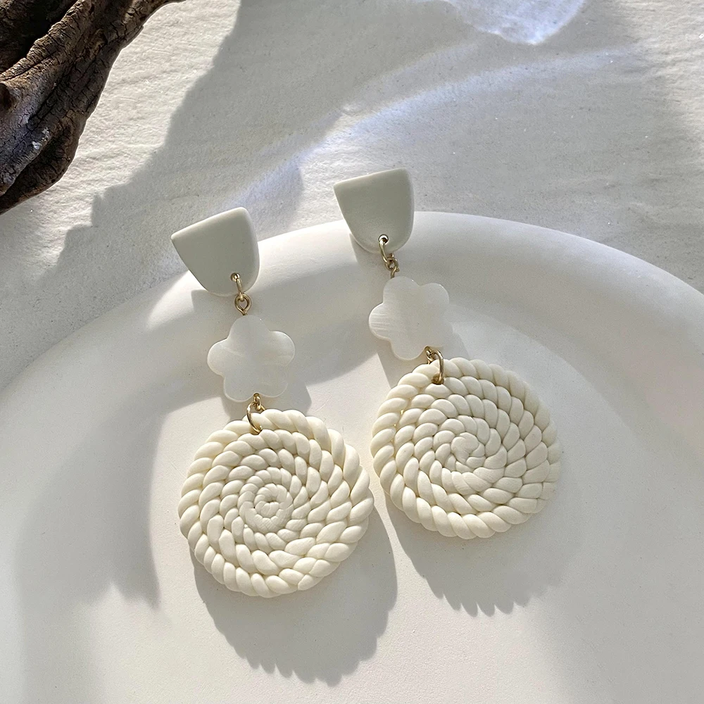 AENSOA Handmade White Polymer Clay Earrings for Women Geometric Braided Rattan Knit Clay Pendant Wooden Drop Earrings Jewelry