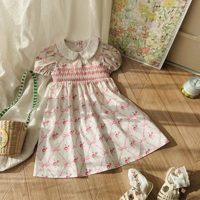 2026 Summer New Korean Style Girls Dress Smocked Puff Sleeve Peter Pan Collar Short Sleeve Dress Bow Sweet Kids Dress