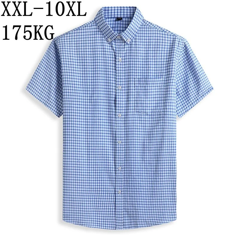 

10XL 8XL 7XL 2024 Men's Dress Shirt Short Sleeve Loose Brand Man Shirts With Pockets High Quality Plaid Male Business