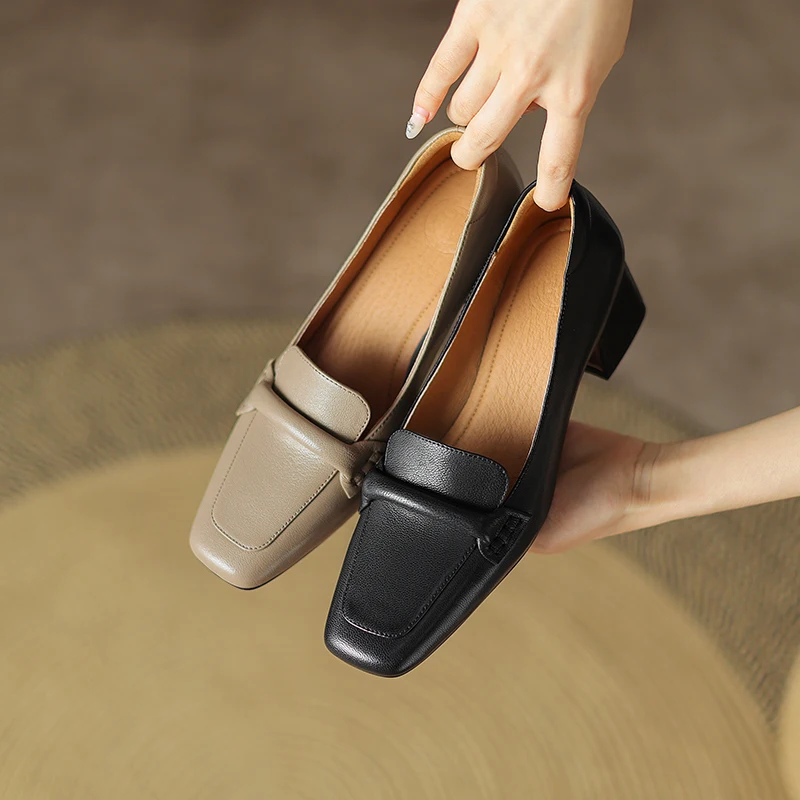 Women Pumps Shoes Genuine Leather 5m Heels Elegant Fashion Concise High Quality Lady Shoes Square Toe HIgh Thick Heel A130