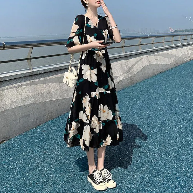 Commute V-Neck Long Dress Short Sleeve Female Clothing Broken Flowers Casual Summer Elegant A-Line Waist Stylish Spliced Dresses