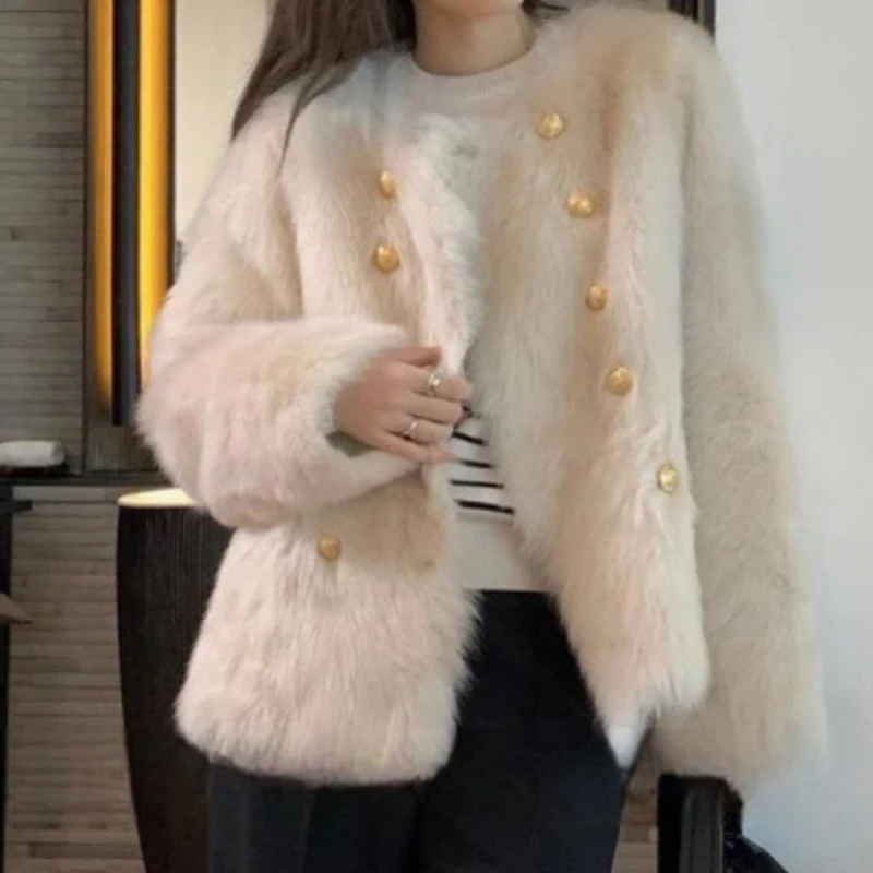 Winter Fox Fur and Fur One-Piece Coat, Women's Lamb Fur Double Breasted Leather Thick Coat