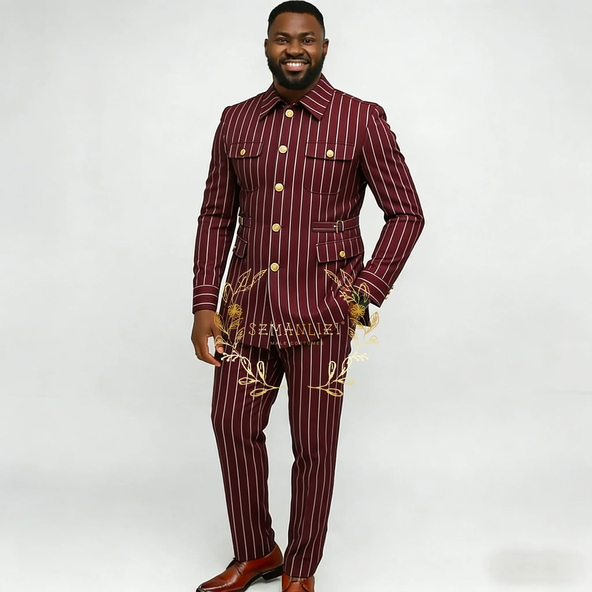 

Men Suits 2 Pieces Fashion Stand Collar Burgundy Striped Single Breasted Outfits Slim Fit Business Casual Wedding Party Tuxedos