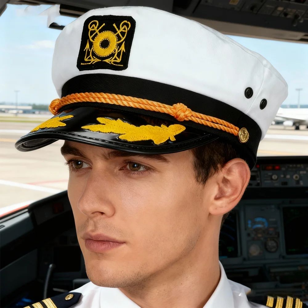 PESENAR Weißer und schwarzer Marinehut im Captain-Stil mit Emblem für Cosplay- und Kostümzubehör