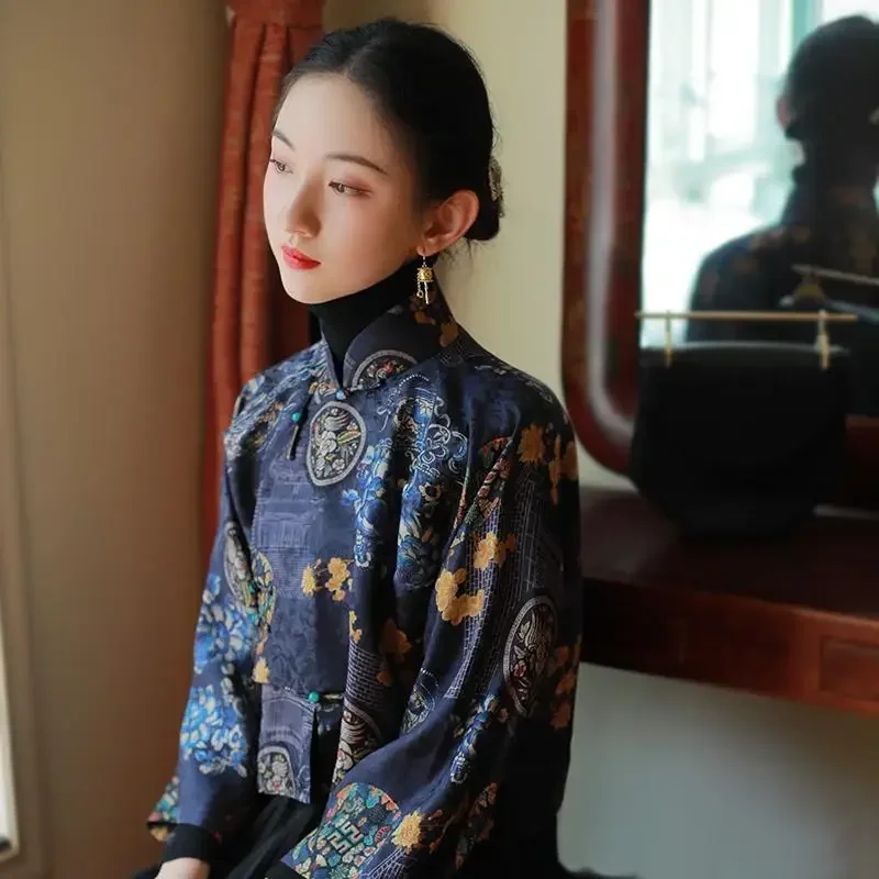 Chinese Traditional Cheongsam Top Women Blue Thin Printed Stand Up Collar Long Sleeved Modified Hanfu Top Hanfu Chino Mujer