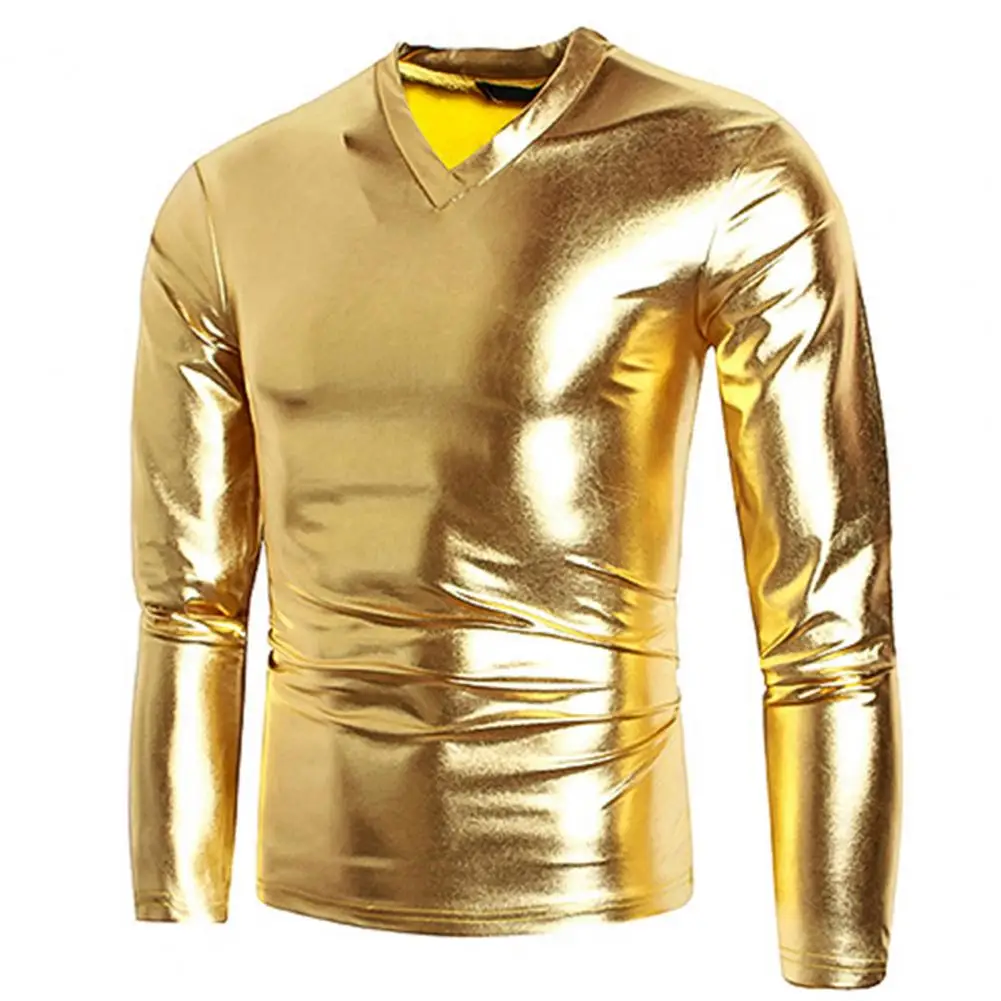 Men T-shirt Shiny Glossy Solid Color Long Sleeve Male T-shirt V Neck Slim Fit T-shirt Nightclub Party Performance Costumes