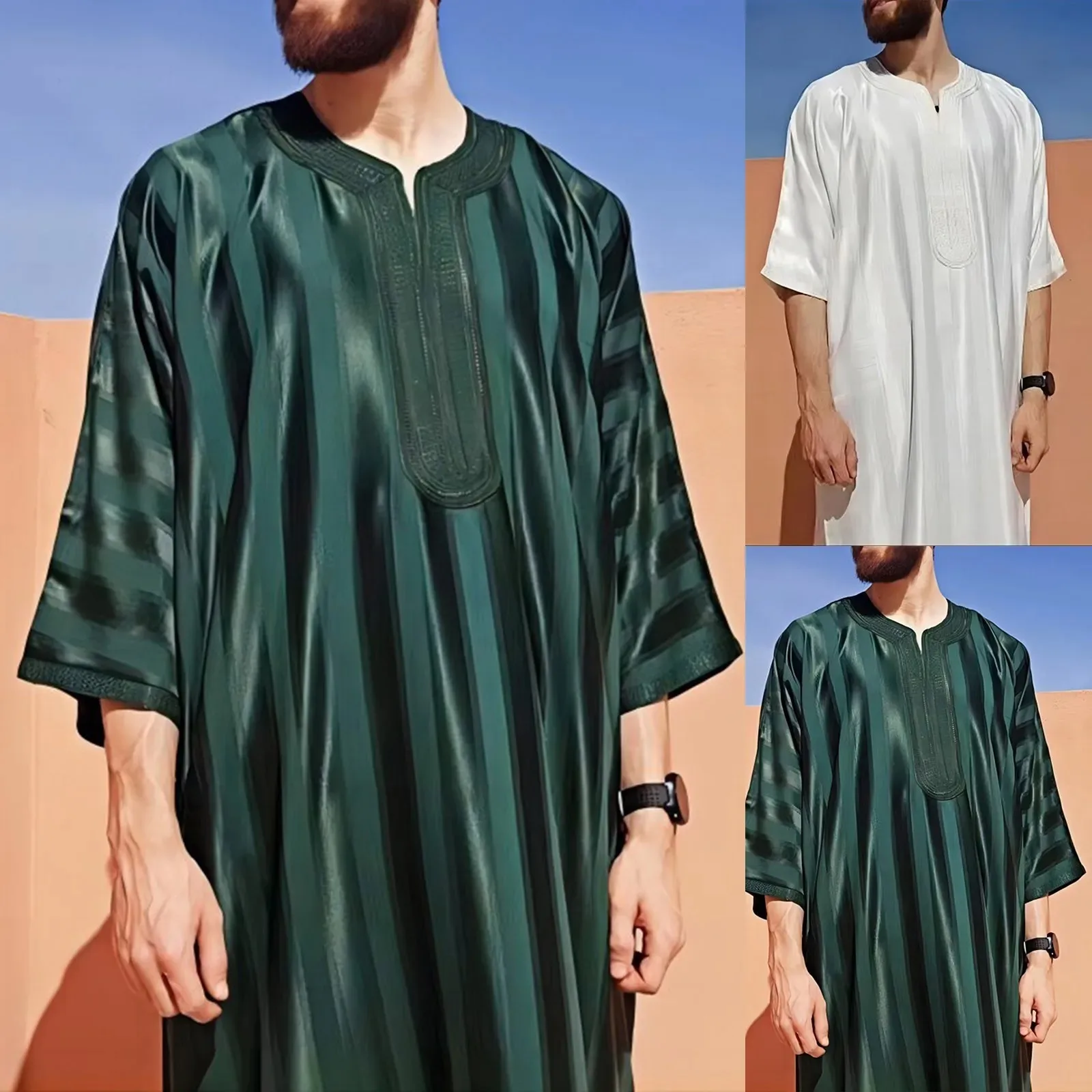 New Vintage Loose Men Arab Muslim Fashion Robe Men's Short Sleeve Jubba Thobe Solid Striped Kaftan Eid Prayer Long Robe Dress