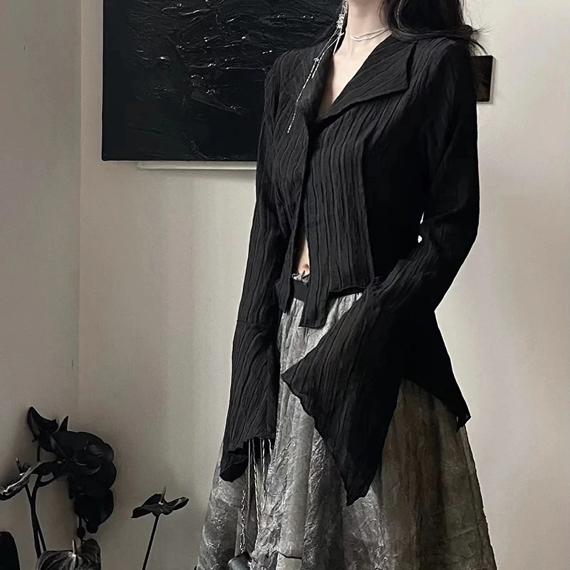 Gothic Black Shirt Yamamoto Style Dark Aesthetic Blouse Women Irregular Designer Clothes Emo Alt Clothes Grunge Tops Y2k view 2