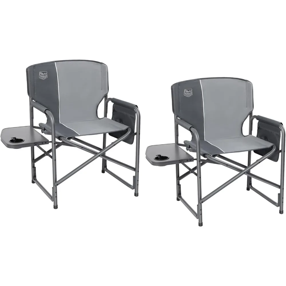 Lightweight Oversized Camping Chair, Portable Aluminum Directors Chair with Side Table Detachable Side Pocket Grey 2 Pack