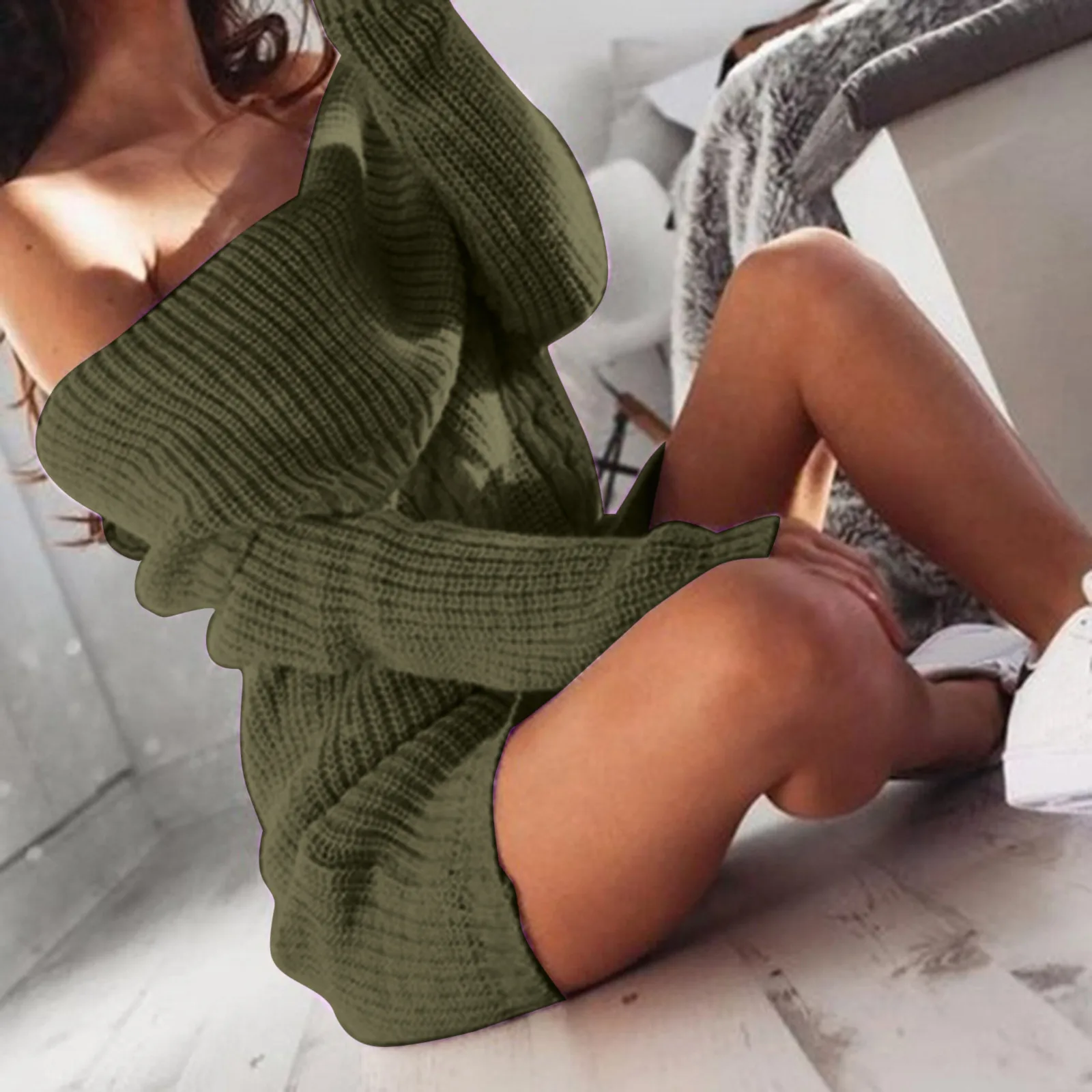 Women\'S Autumn And Winter Fashion One Shoulder Knitted Sweater Dress Casual Solid Color Loose Long Sleeve Warm Mid Length Dress