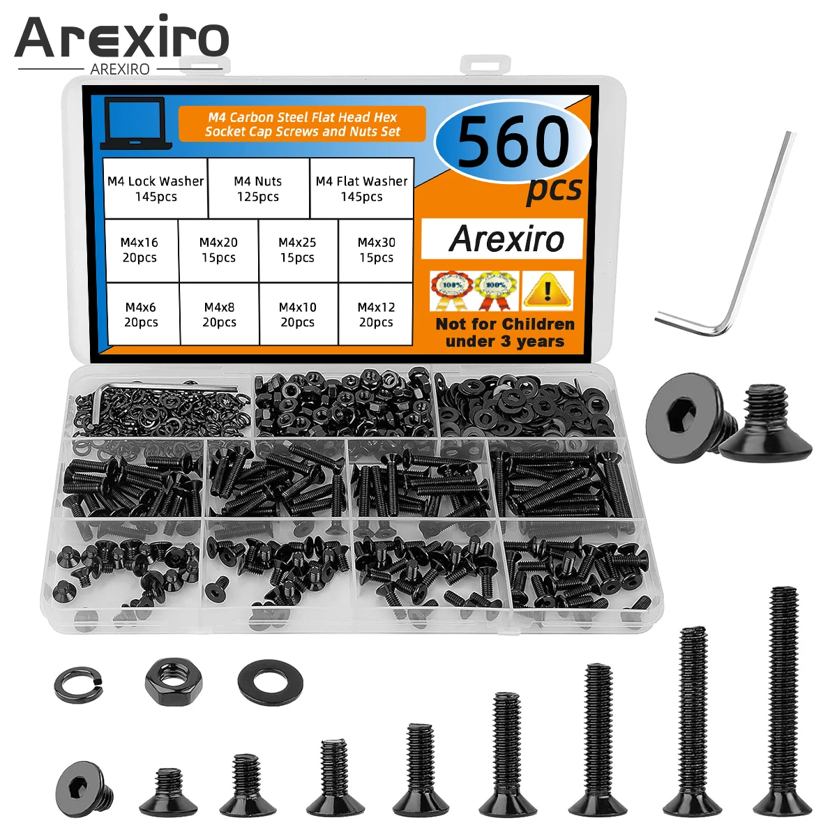

560Pcs M4x6/8/10/12/16/20/25/30mm Carbon Steel Flat Head Hexagon Socket Screw Combination Kit Bolt Nut and Washer Set