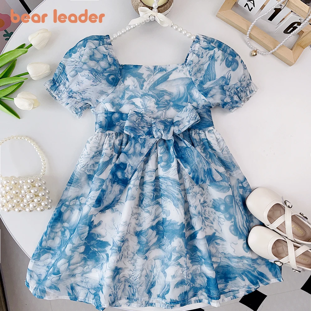 Bear Leader 2023 Summer New Girls\' Fashion Ink Painting Print Speaker Short Sleeve Princess Dress Children\'s Casual Dress