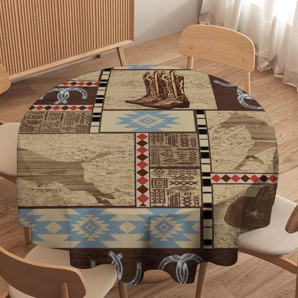 

Vintage Rodeo Cowboy Hat Boots Circle Tablecloth - Horse Cow Cattle Farmhouse Home Party Dining Kitchen Cover