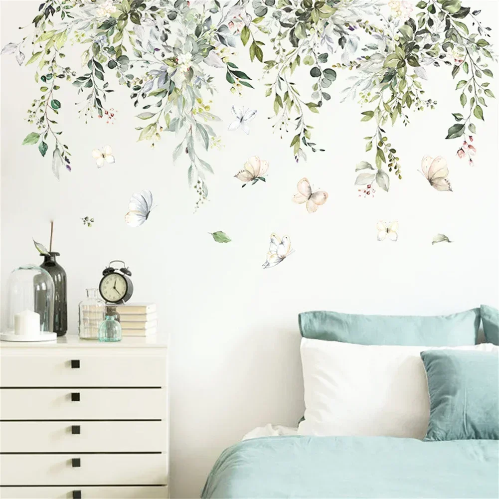 Green Leaf Butterfly Ivy Plant Wall Sticker Kids Room Nursery Art Mural Self-adhesive Bedroom Living Entrance Wall Decal Decor