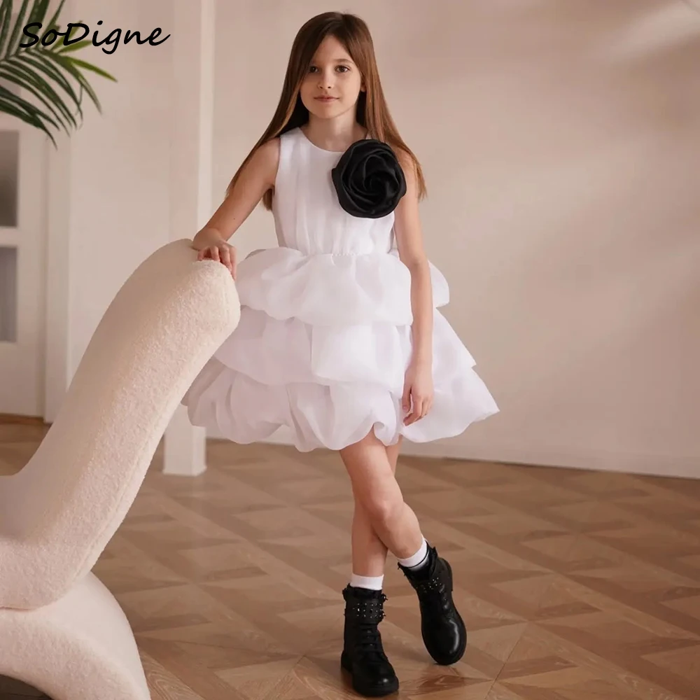 SoDigne A-line Organza Flower Girl Dress Sleeveless O-neck Tiered Short Skirt Girls Party Dresses 2025 Kid Gown Customized