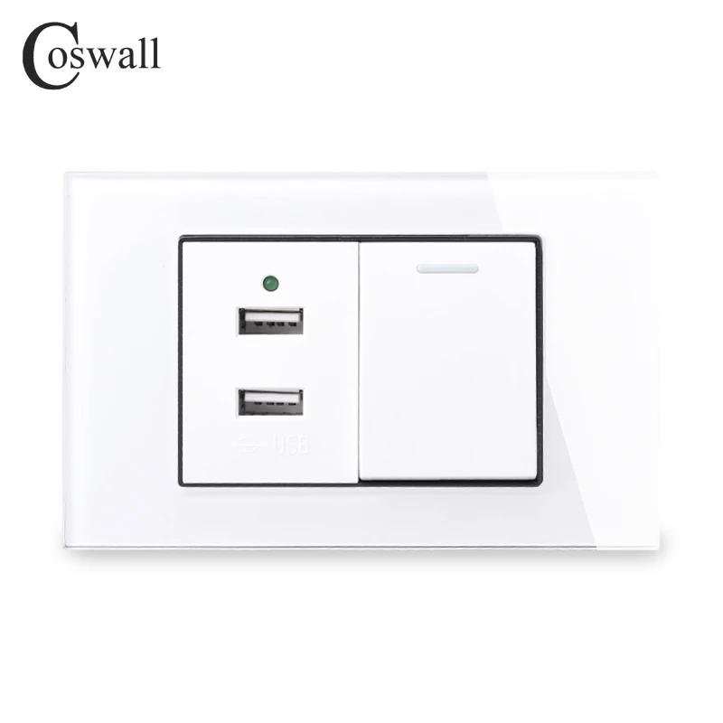 

Coswall US Size Tempered Glass Panel Eu Standard 2 USB Charge Port Output With Pass Through Stair Rocker 1 Gang Switch Switched