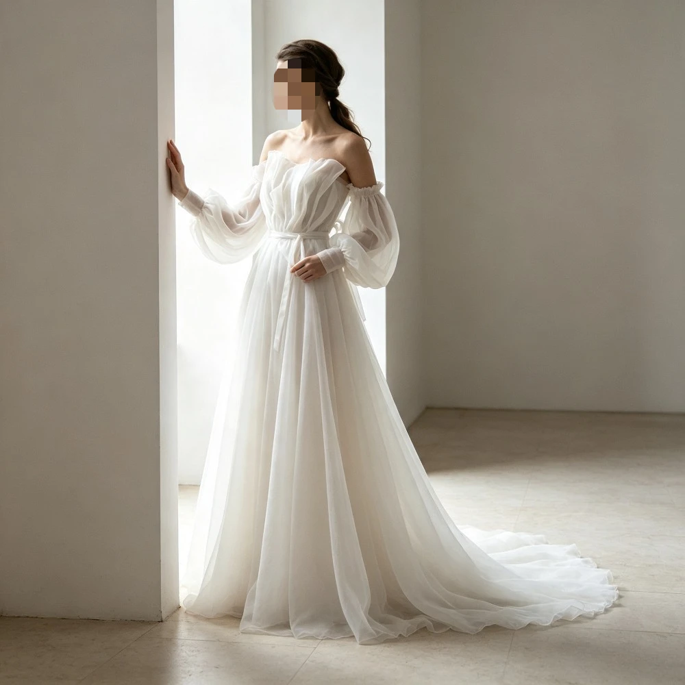 Customized Shoulder Fluffy Sleeves Ruffle Hard Yarn Summer Wedding Dress 2026 Off Back Bohemian Bridal Gown Suitable for Beach