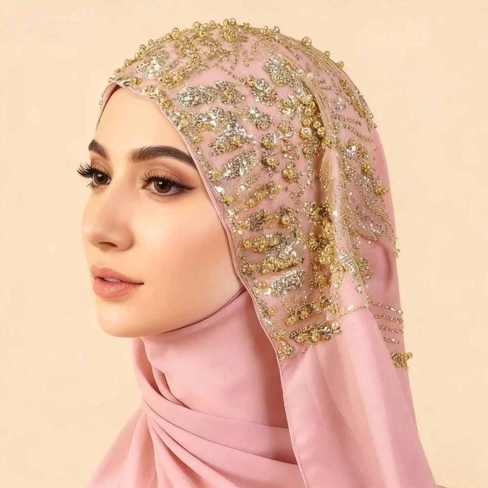 Luxury Beaded Lace Instant Hijab Rhinestone Collar Soft Chiffon Chiffon Headscarf Sequin Hijab For Women
