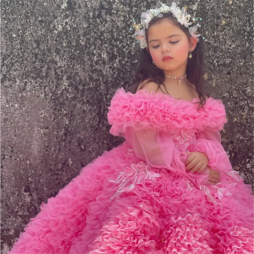 

Luxury Pink Flower Girl Dress Wedding Party Appliqued Extra Puffy Princess Holy First Communion Dress Long Sleeves