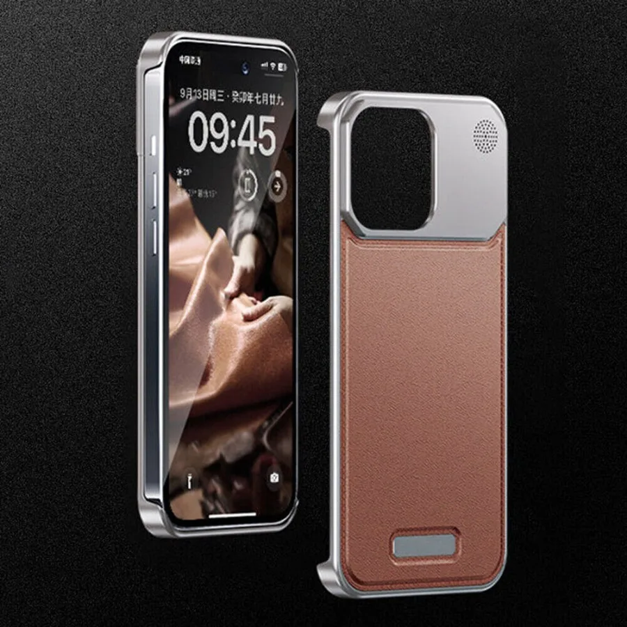 For iPhone 15 14 13 Pro Max Luxury Aluminum Metal Leather Aromatherapy Phone Case Rimless Shockproof Anti-scratch Fragrant Cover