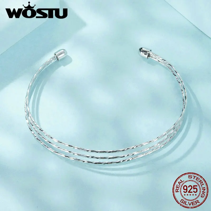 WOSTU 925 Sterling Silver Simple Multi-Layer Opening Ring Bangle Bracelet For Women Adjustable Rings Bracelet Jewelry party Set