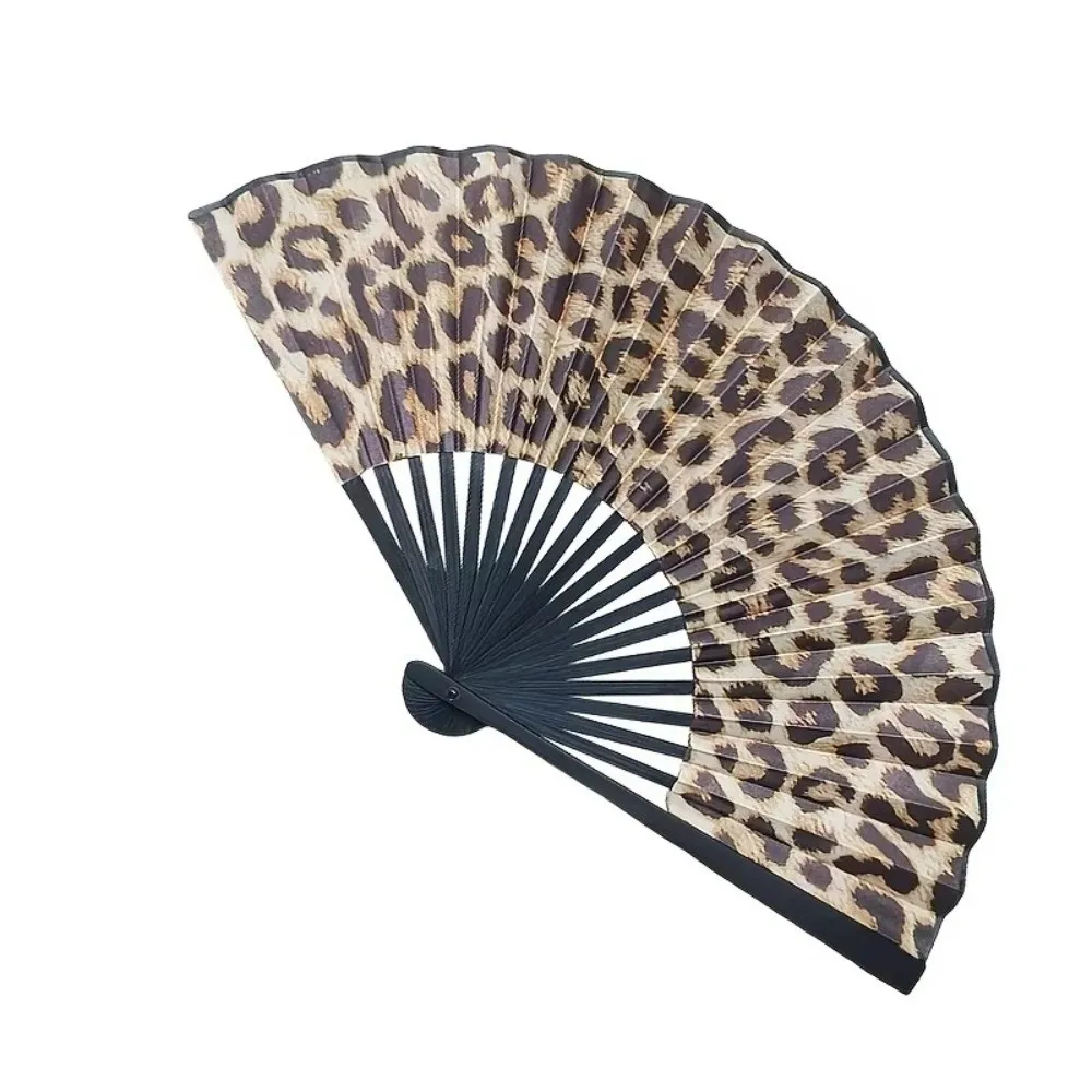 Leopard Print Folding Fan Large with Black Frame Hand Fold Fan Lightweight Portable Classical Dance Fan Women Party Gifts