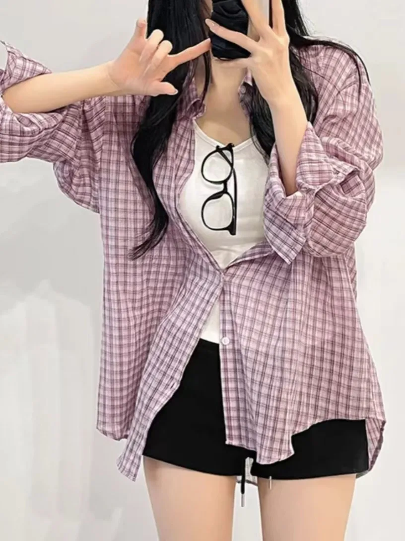 Chic Summer Texture Long Sleeve Plaid Shirt Women's Lazy Style Loose Shape Sun Protection Cardigan Outerwear Korean Style Com...
