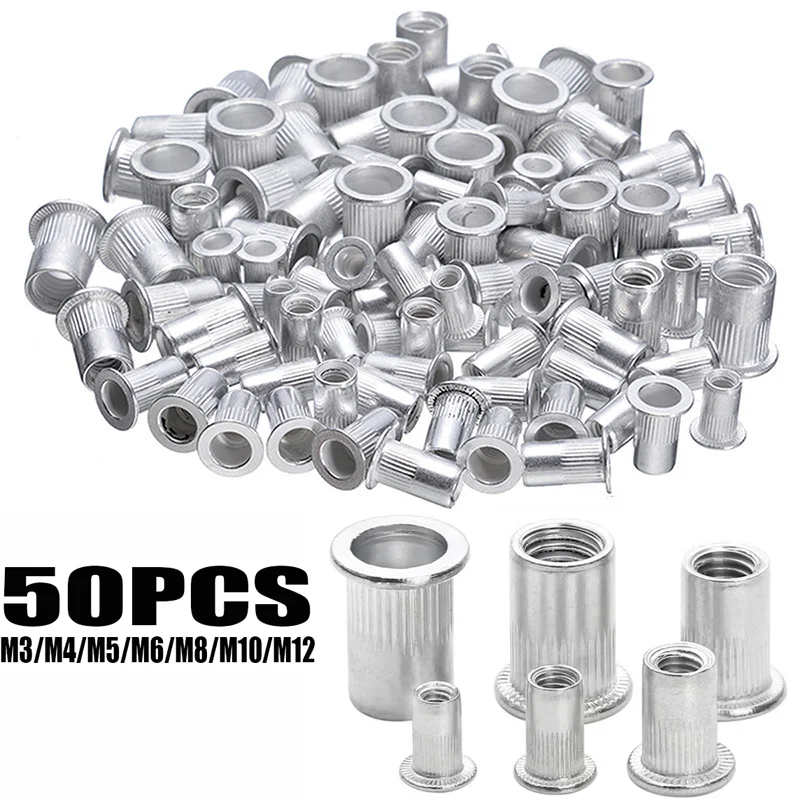 50pcs Flat Head Threaded Rivet Nut Aluminum Alloy Rivet Insert Nutsert Cap Rivet Nut Set Assortment Kit M3/4/5/6/8/10/12 Nuts