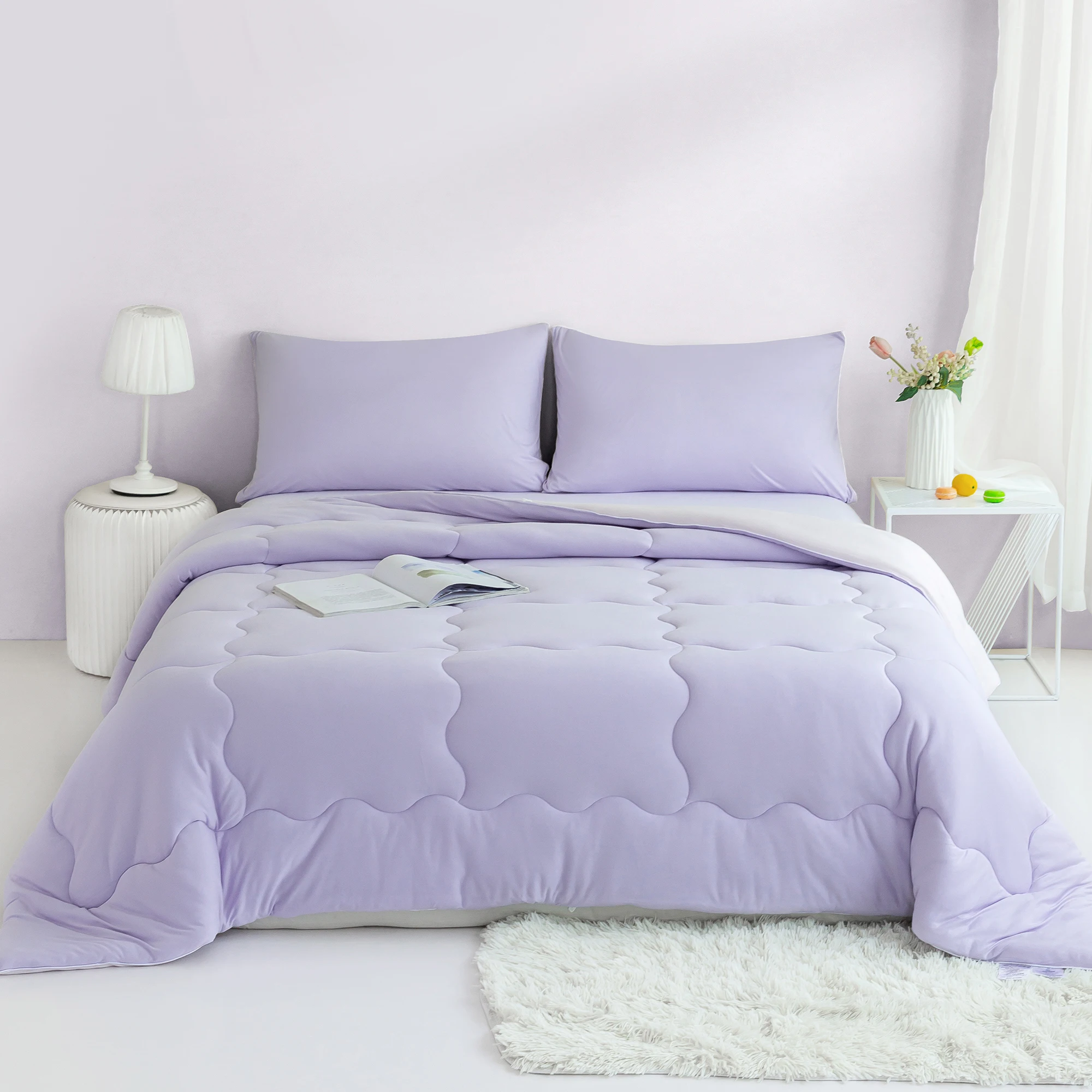 

Jersey Knit Cotton 3 Piece King Bed Comforter Sets Reversible Extra Soft Bedding Fully Breathable Pink and Purple