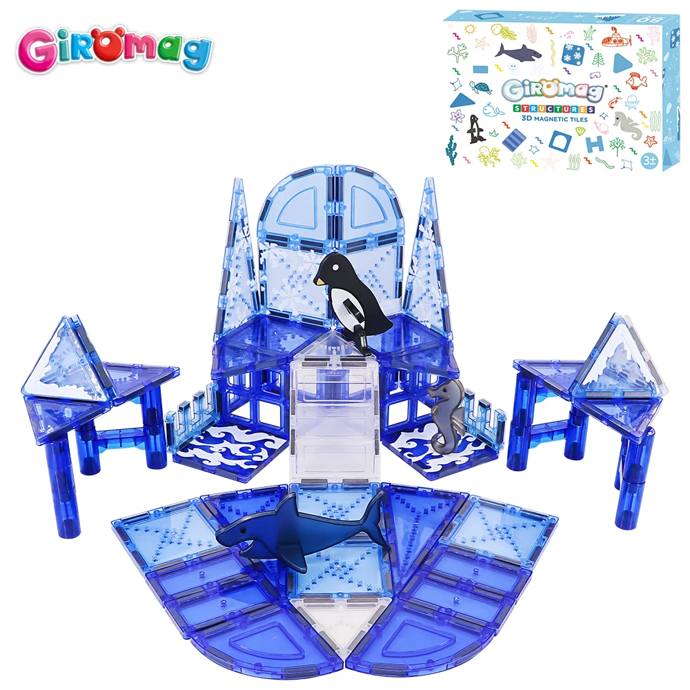 GIROMAG Conjunto de blocos magnéticos de 80 peças com animais do oceano Premium STEM brinquedos educativos de construção para crianças meninos meninas de 3 anos ou mais