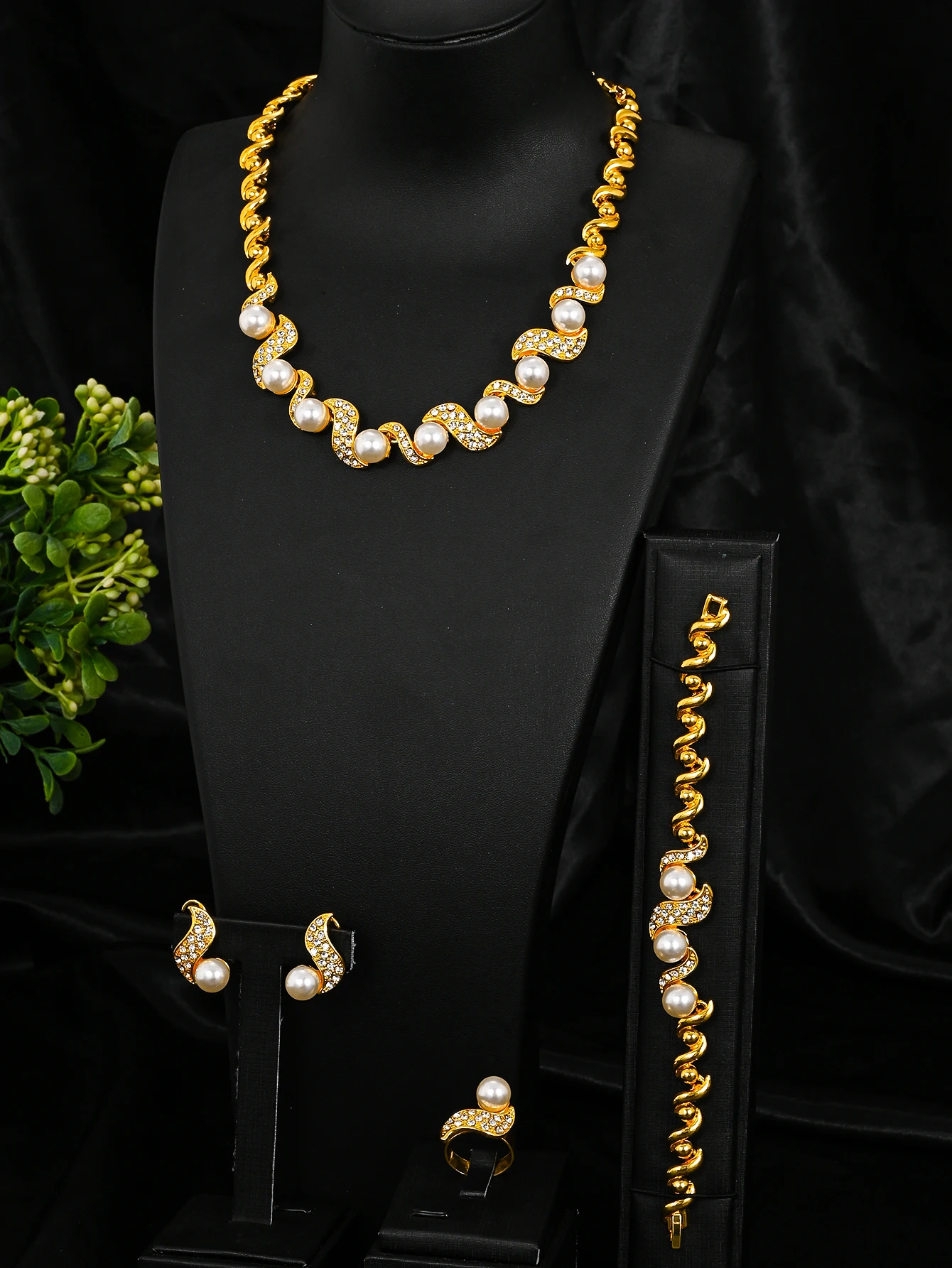 African Fashion Jewelry Set Luxury Women's Earrings Pearl Bracelet Wedding Bridal Necklace Ring Accessories Gift