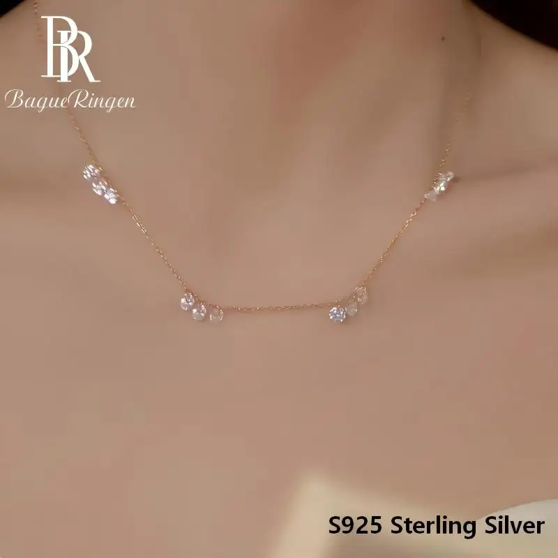BR 14K Gold Plated Round Diamond Necklace for Women, Elegant French Style Star Tassel Choker, Luxury Daily Jewelry Gift