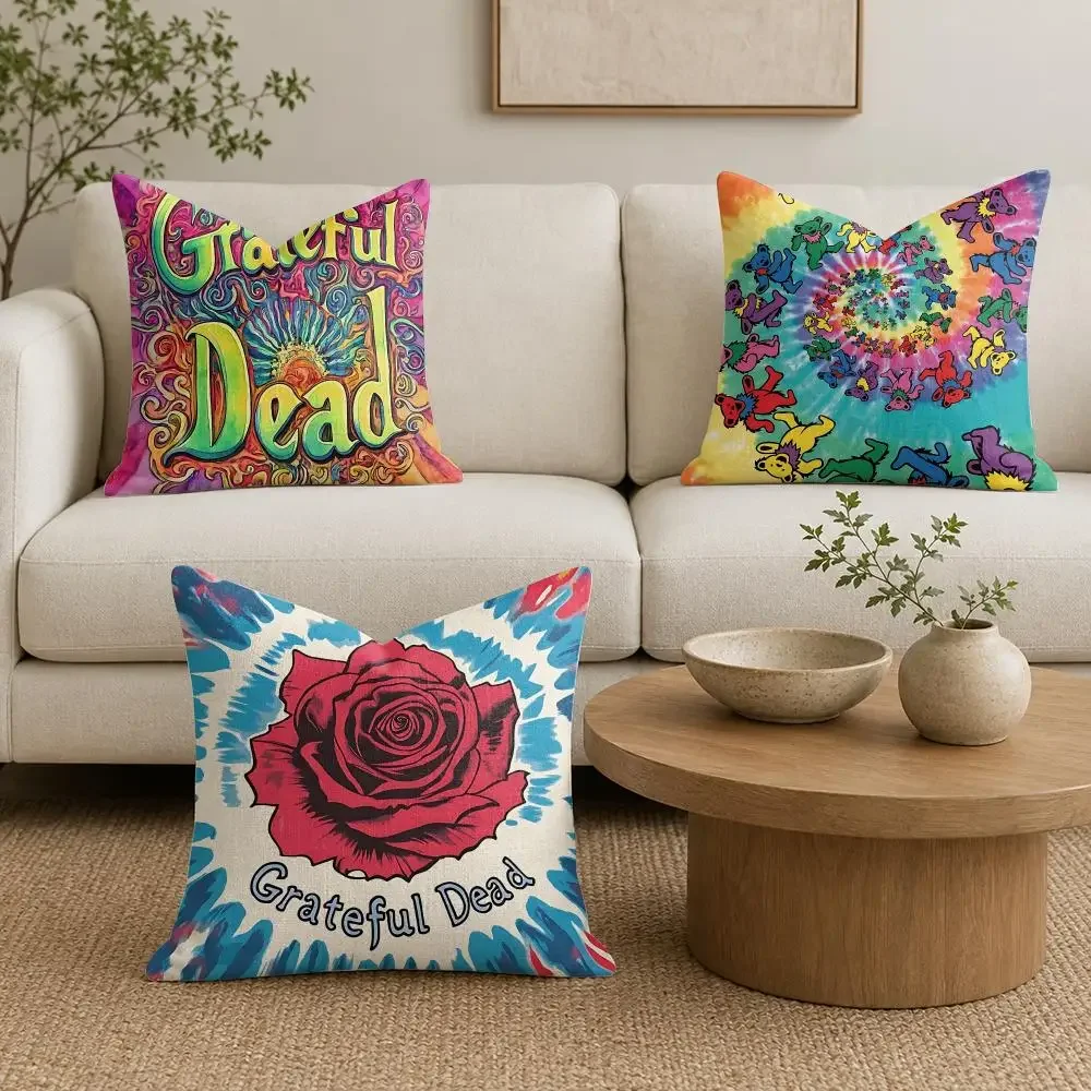 Band G-Grateful Dead Boho Chic Cushion Cover Organic Natural Linen Pillowcase with Double Sided Print for Sofa Home Decor Gift
