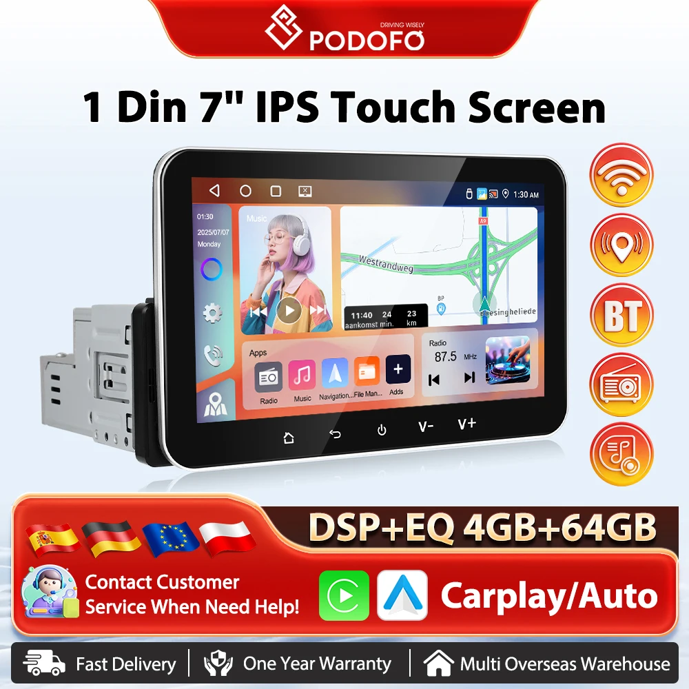Podofo Drahtlose Carplay 4 + 64G Auto Intelligente System Player Android AI Stimme DSP GPS Navigation Auto Radio WIFI BT RDS Autoradio