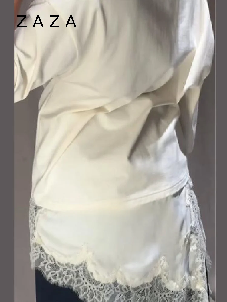 Zaza بلوزة نسائية جديدة من الدانتيل الساتان مقسمة نصف كم رقبة دائرية قميص طويل بحاشية غير منتظمة قطع علوية متينة 2025 ملابس علوية غير رسمية جديدة للسيدات