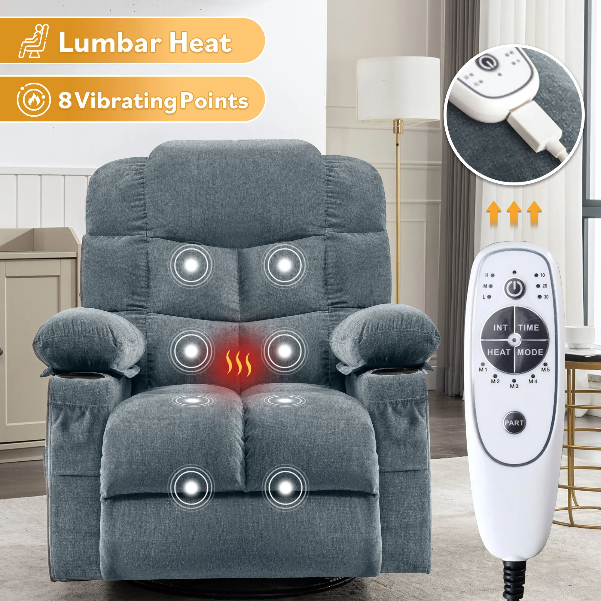 Oversized Massage Swivel Rocker Recliner Chair with Lumbar Heating for Living Room Cup Holders USB Charge Port for Adult