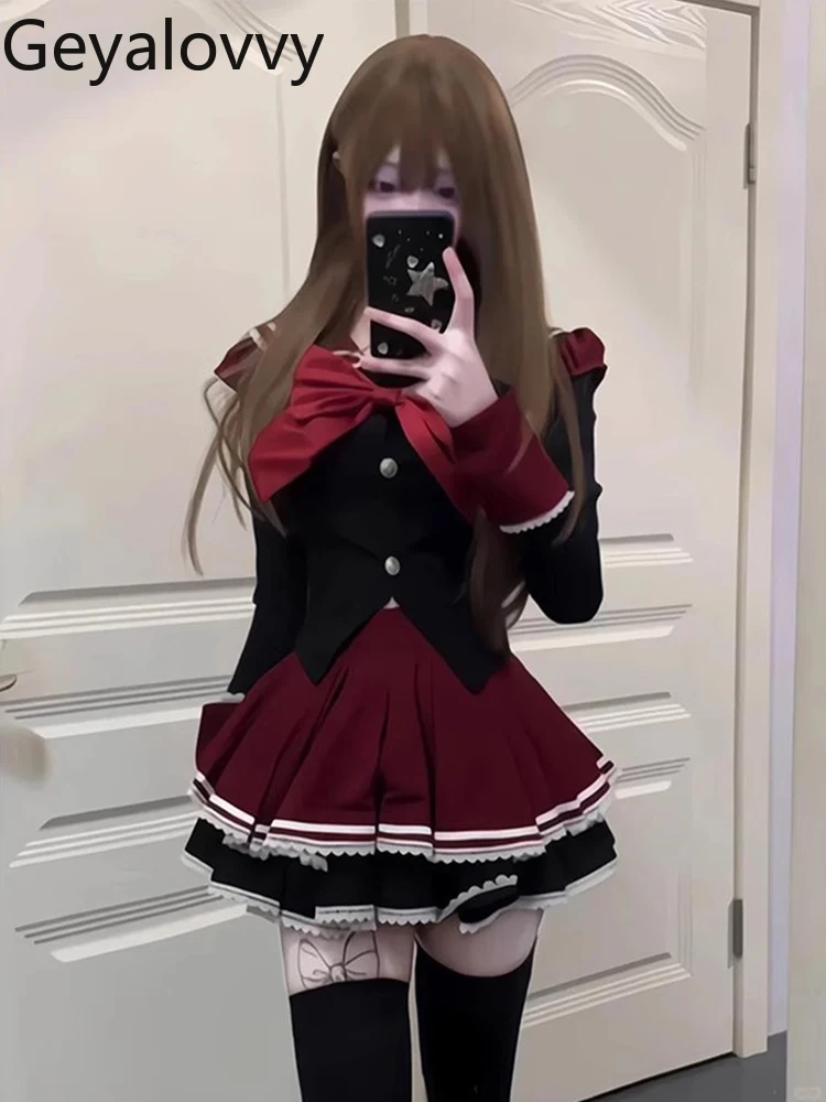 

Милая униформа JK в студенческом стиле для девочек, темно-синий топ с воротником и бантом, короткая юбка с высокой талией, осенне-зимний комплект в стиле Лолиты