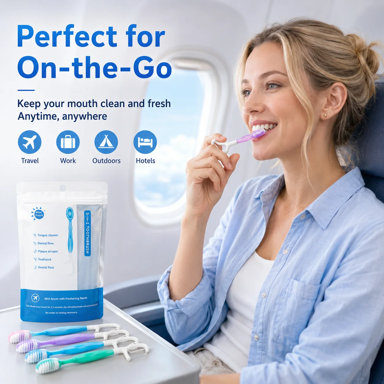 3-in-1 Portable Travel Mini Toothbrush with Mint Burst Bead Floss Pick Individually Sealed Pack Disposable Soft Tooth Cleaner