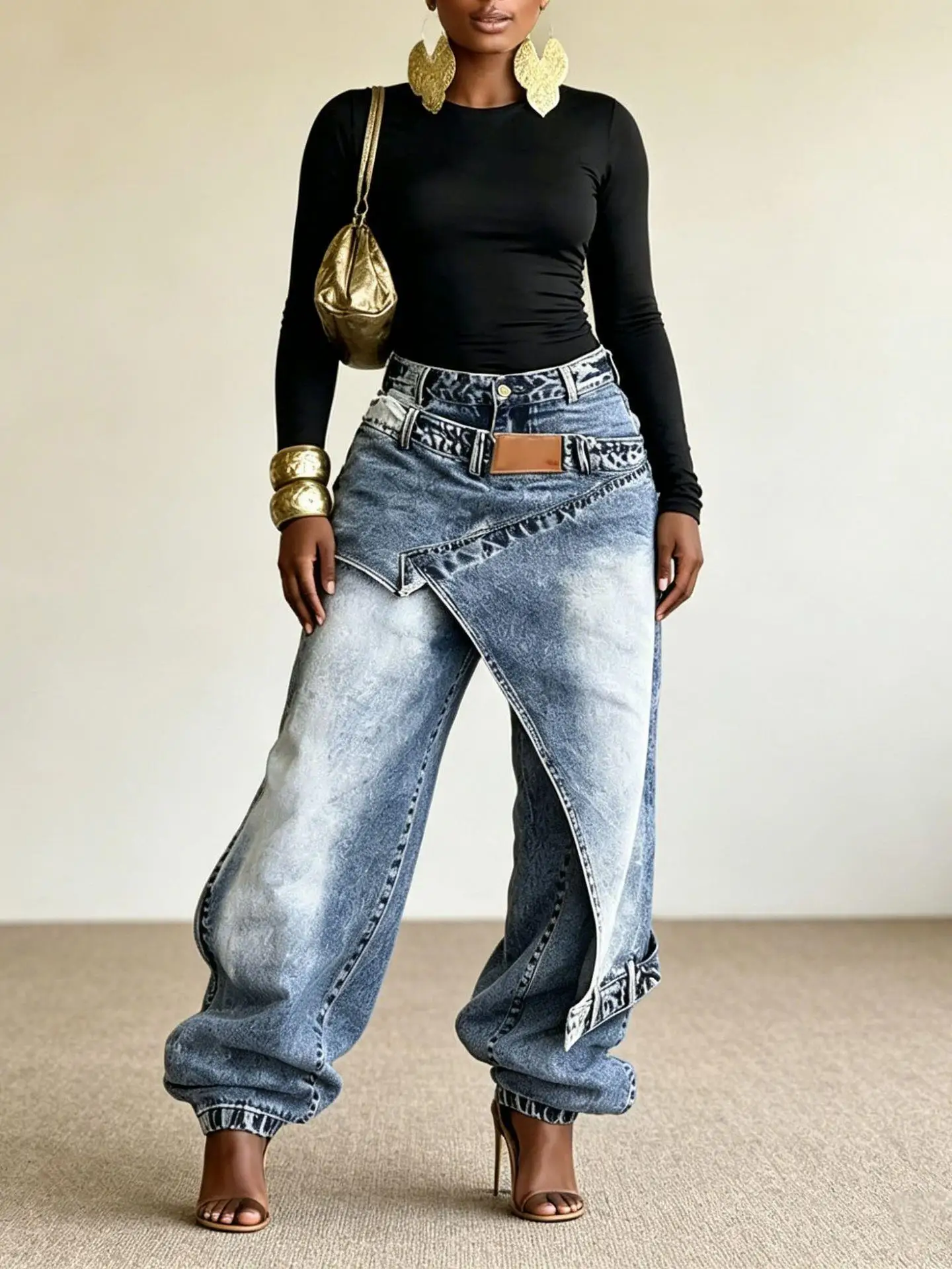 Trendy High Waist Wide Leg Jeans Women's Fashion Cross-Border Independent Station Design Sense Layered Washed Denim Pants