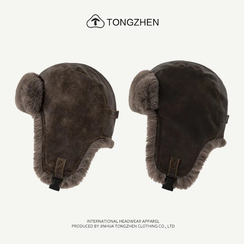 Men Winter Trapper Aviator Trooper Earflap Warm Russian PU Leather Plush Ski Hat Bomber Cap Russian Warm Ear Protectors Hats