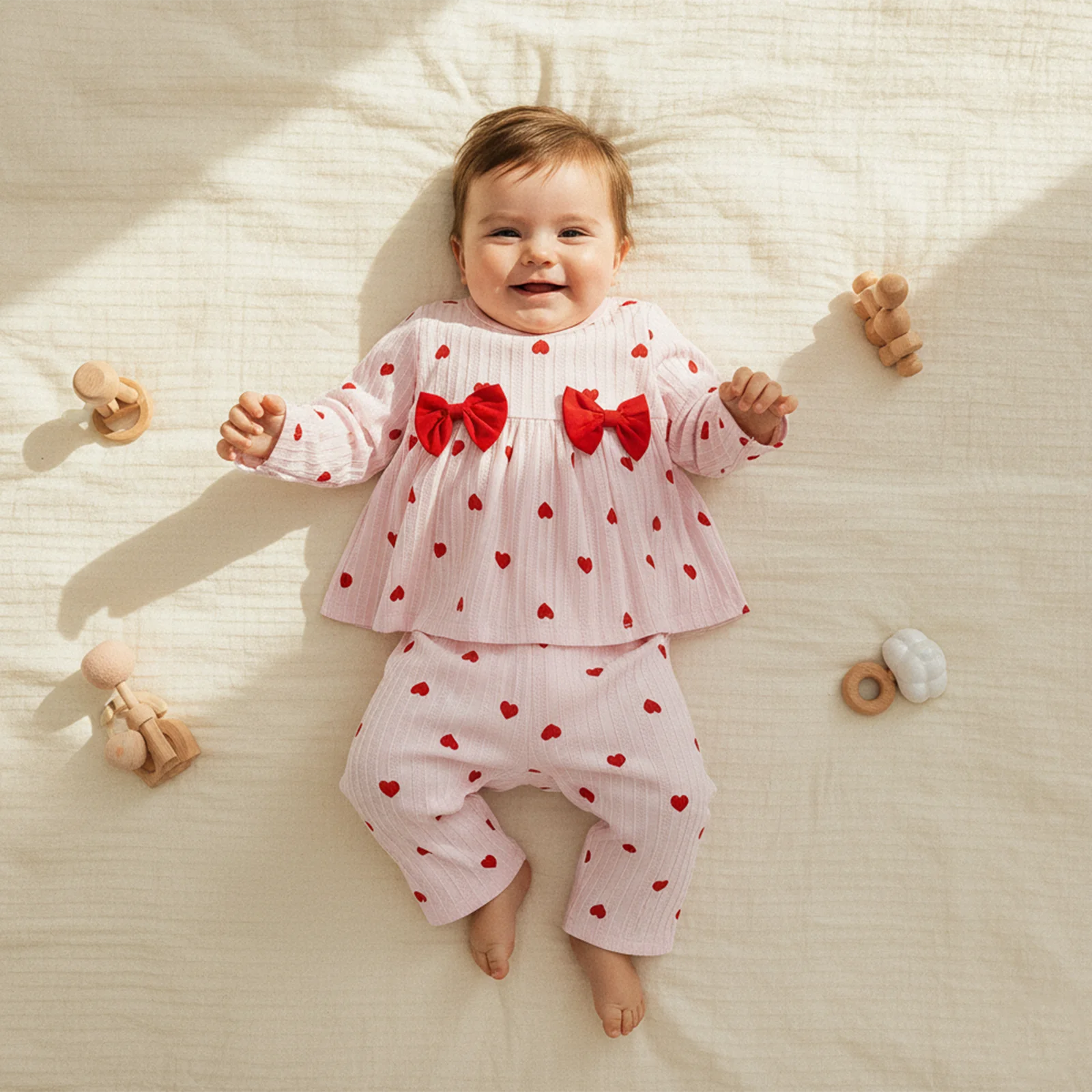 0-5Y Toddler Girl Valentine's Day Outfits Heart Print Long Sleeve Round Neck Bow t Shirt Tops Elastic Waist Long Pants 2 Pcs Set