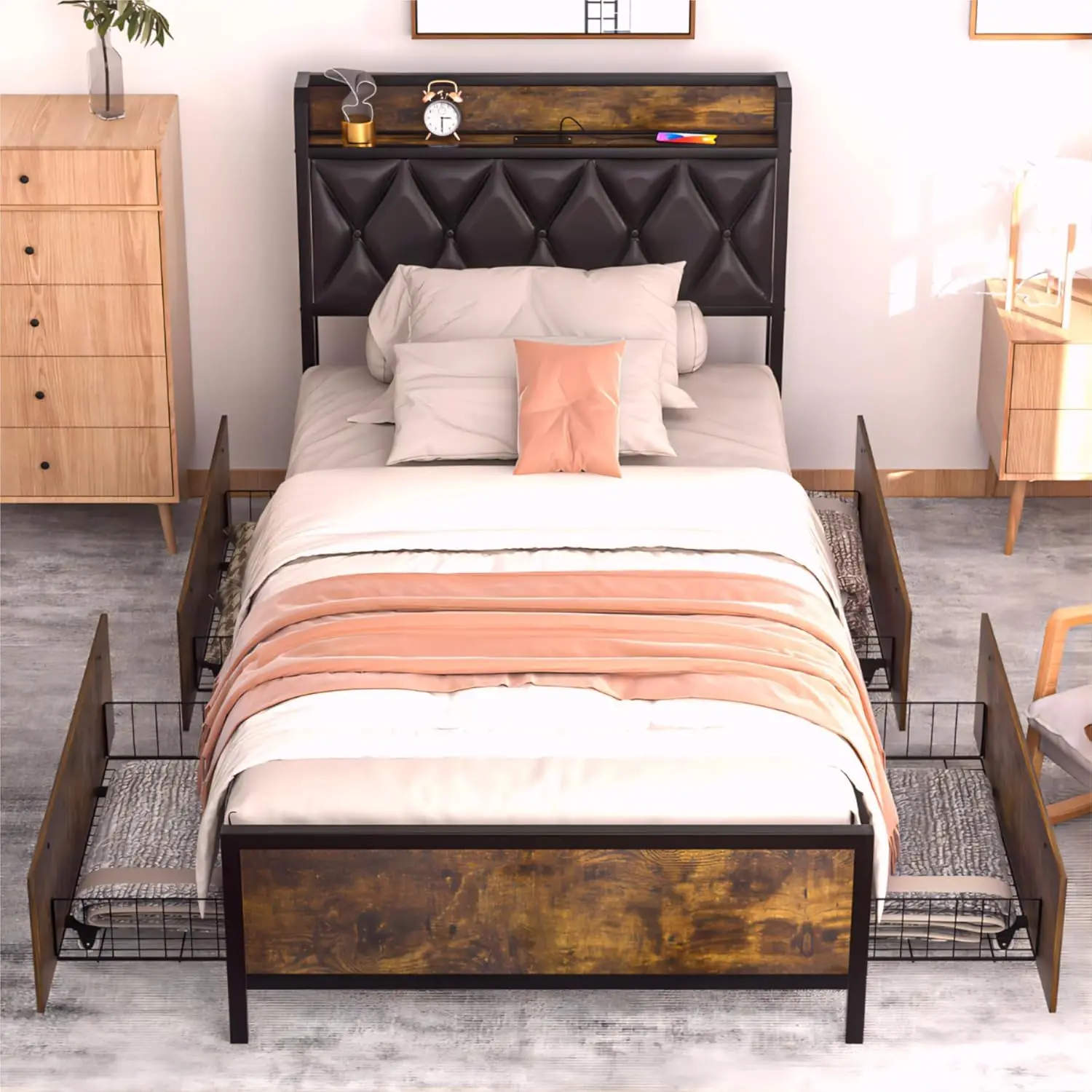 

Кровать Twin XL с 4 выдвижными ящиками для хранения и зарядной станцией, обитая тканью платформенная кровать Twin XL с изголовьем для хранения, на заказ