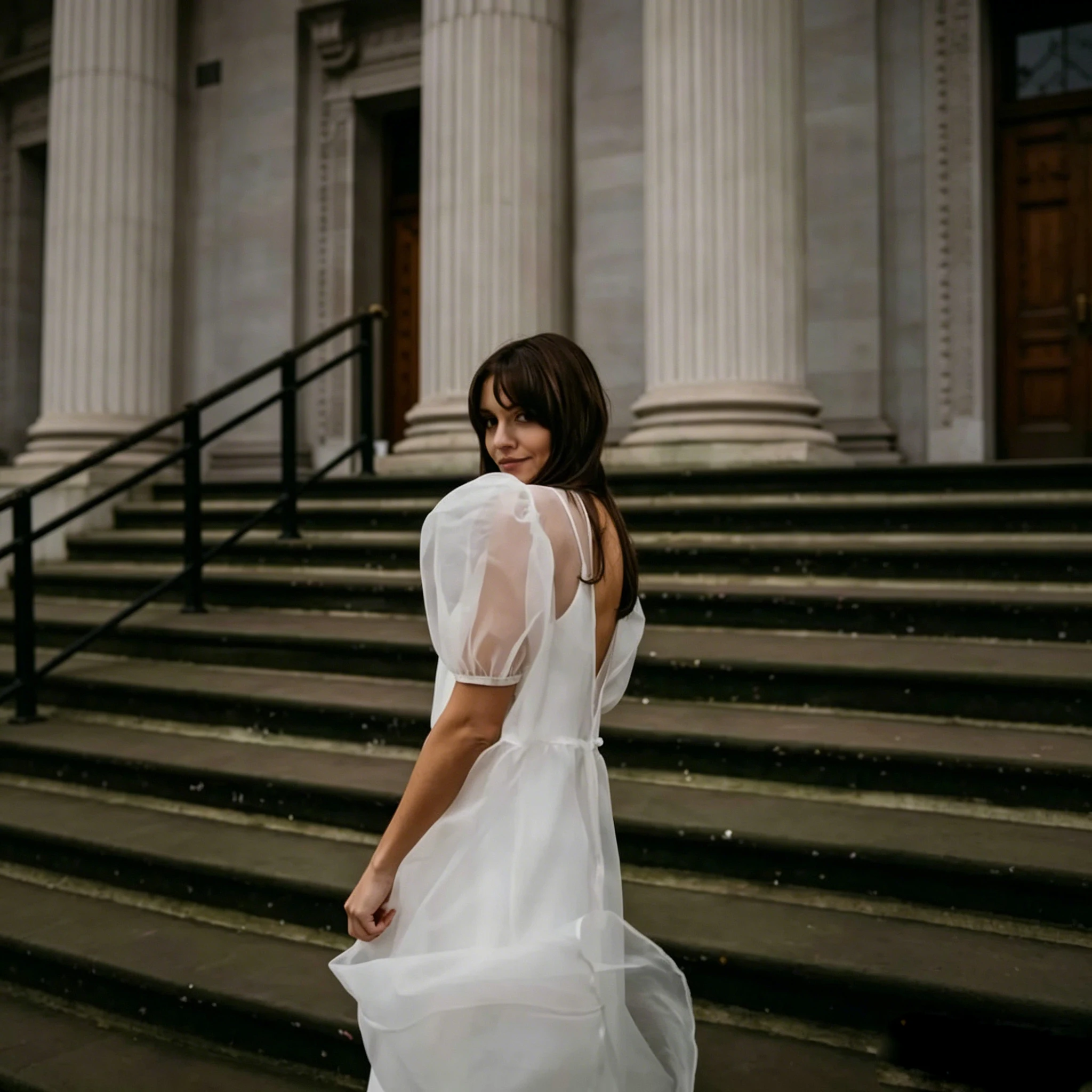 Organza Puff Sleeve White Midi Bridal Dress Backless Satin Slip V Neck Civil Registry Elopement City Hall Wedding Photo Gown image 4