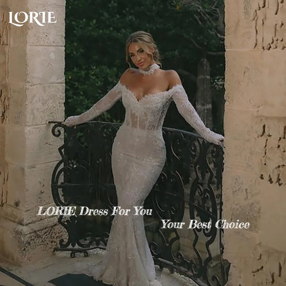 LORIE Vintage Lace Mermaid Wedding Dress Sexy Off Shoulder Long Sleeve Bridal PartryGown Backless Princess Bride Gown Customized image 4