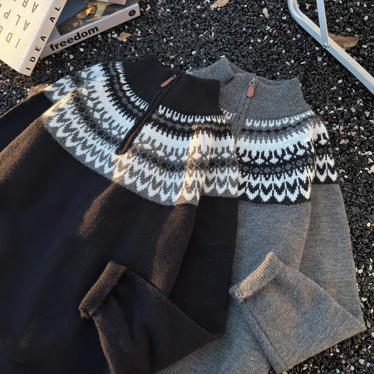 

ay American Retro Fair Isle Knitted Sweater Men's Autumn Winter Lazy High-End Feel f High Collar Zipper Knitted irt