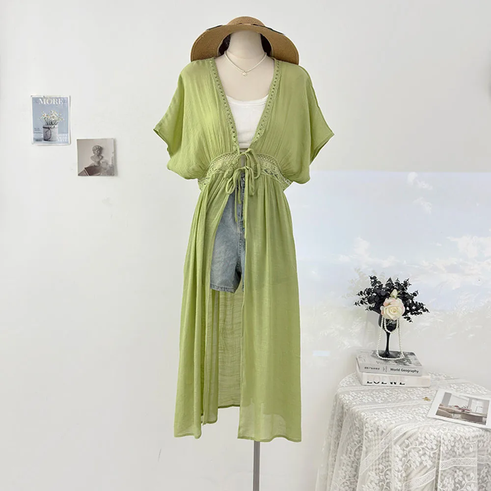 Hollow Long Sunscreen Cardigan V Neck Drawstring Thin Cardigan Summer Vacation Style Thin Coat Hollow Out Sunscreen Outerwear